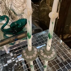 Elegant Floral Candle Holders - Green and White